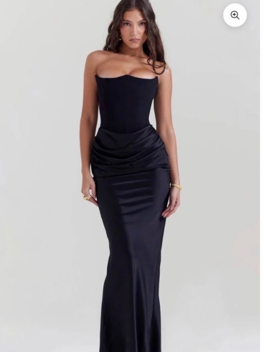Strapless Black Satin Maxi Dress with Draped Waist